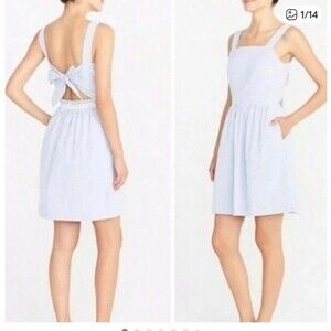J. Crew Seersucker Apron Dress Blue White Stripe Square Neck Tie Back Size XS